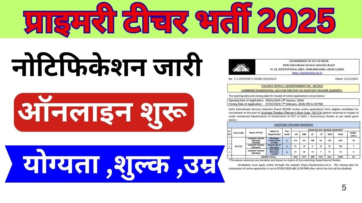 DSSSB Primary Teacher PRT Recruitment 2025