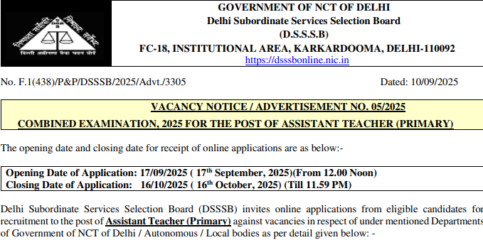DSSSB Primary Teacher PRT Recruitment 2025