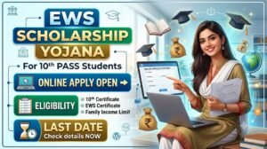EWS Scholarship Yojana 2026 :- यदि आप 10वीं पास हैं और Economically Weaker Section (EWS) से संबंधित हैं, तो EWS Scholarship Yojana 2026 आपके लिए उपयोगी योजना हो सकती है। इस योजना का उद्देश्य आर्थिक रूप से कमजोर विद्यार्थियों को आगे की पढ़ाई जारी रखने के लिए वित्तीय सहायता उपलब्ध कराना है।यदि संबंधित वर्ष में इस योजना के लिए आवेदन शुरू होते हैं, तो योग्य छात्र ऑनलाइन आवेदन करके लाभ प्राप्त कर सकते हैं। आवेदन करने से पहले पात्रता, आवश्यक दस्तावेज और आधिकारिक दिशा-निर्देश अवश्य जांचें। कि इस योजना का लाभ लेने के लिए आप सभी को कुछ महत्वपूर्ण बातों का ध्यान रखना होगा जो हम हमने आप सभी को इस आर्टिकल के माध्यम से स्टेप बाय स्टेप नीचे बताइए जिसको आप सभी को पढ़ना होगा ताकि आप सभी अपना EWS Scholarship Yojana में आवेदन कर सकें. EWS Scholarship Yojana 2026 Overview विवरण जानकारी योजना का नाम EWS Scholarship Yojana 2026 लाभार्थी आर्थिक रूप से कमजोर वर्ग (EWS) के छात्र आवेदन प्रक्रिया Online योग्यता 10वीं पास (योजना अनुसार) लाभ छात्रवृत्ति (Official Notification के अनुसार) श्रेणी Scholarship आधिकारिक वेबसाइट scholarships.gov.in EWS Scholarship Yojana 2026 का उद्देश्य EWS Scholarship Yojana 2026 का मुख्य उद्देश्य आर्थिक रूप से कमजोर वर्ग के विद्यार्थियों को शिक्षा जारी रखने में सहायता देना है। इससे छात्र अपनी पढ़ाई, किताबें, स्टेशनरी तथा अन्य शैक्षणिक आवश्यकताओं का खर्च पूरा कर सकते हैं। EWS Scholarship Eligibility 2026 इस योजना में आवेदन करने के लिए उम्मीदवारों को निम्न पात्रताओं को पूरा करना होगा। भारतीय नागरिक होना चाहिए। EWS Category से संबंधित होना चाहिए। 10वीं पास होना चाहिए। परिवार की वार्षिक आय निर्धारित सीमा के भीतर हो। अन्य पात्रता Official Notification के अनुसार होगी। Required Documents for EWS Scholarship 2026 आवेदन करते समय निम्न दस्तावेजों की आवश्यकता पड़ सकती है। आधार कार्ड EWS Certificate आय प्रमाण पत्र 10वीं की मार्कशीट बैंक पासबुक पासपोर्ट साइज फोटो मोबाइल नंबर ईमेल आईडी EWS Scholarship Online Apply 2026 ऑनलाइन आवेदन करने के लिए नीचे दिए गए स्टेप्स को फॉलो करें। Step 1 Official Scholarship Portal पर जाएं। Step 2 New Registration करें। Step 3 User ID एवं Password से Login करें। Step 4 EWS Scholarship Yojana 2026 Application Form भरें। Step 5 सभी आवश्यक दस्तावेज Upload करें। Step 6 Form Submit करें। Step 7 Application Status ऑनलाइन चेक करें। EWS Scholarship Benefits आर्थिक सहायता पढ़ाई जारी रखने में मदद उच्च शिक्षा के लिए प्रोत्साहन शिक्षा का बोझ कम होता है EWS Scholarship Application Status Application Submit करने के बाद Official Portal पर जाकर Registration Number की सहायता से अपना Application Status ऑनलाइन चेक कर सकते हैं। महत्वपूर्ण बातें आवेदन केवल Official Portal से करें। सभी दस्तावेज सही अपलोड करें। अंतिम तिथि से पहले आवेदन करें। गलत जानकारी देने पर आवेदन रद्द हो सकता है। निष्कर्ष EWS Scholarship Yojana 2026 आर्थिक रूप से कमजोर विद्यार्थियों के लिए एक महत्वपूर्ण अवसर हो सकता है। यदि आप पात्र हैं, तो Official Notification जारी होने के बाद समय पर आवेदन करें और सभी आवश्यक दस्तावेज पहले से तैयार रखें। FAQ Q1. EWS Scholarship Yojana 2026 क्या है? यह आर्थिक रूप से कमजोर वर्ग (EWS) के विद्यार्थियों के लिए छात्रवृत्ति योजना है, जिसका उद्देश्य शिक्षा में आर्थिक सहायता प्रदान करना है। Q2. EWS Scholarship Yojana 2026 के लिए कौन आवेदन कर सकता है? वे छात्र जो EWS Category से हैं तथा योजना की पात्रता पूरी करते हैं। Q3. EWS Scholarship Online Apply कैसे करें? Official Scholarship Portal पर Registration करके ऑनलाइन आवेदन किया जा सकता है। Q4. EWS Scholarship के लिए कौन-कौन से दस्तावेज चाहिए? आधार कार्ड, EWS Certificate, आय प्रमाण पत्र, बैंक पासबुक, 10वीं की मार्कशीट, फोटो आदि। Q5. EWS Scholarship Last Date 2026 क्या है? अंतिम तिथि Official Notification जारी होने के बाद घोषित की जाएगी। Q6. EWS Scholarship का पैसा कब मिलेगा? आवेदन सत्यापन और स्वीकृति के बाद पात्र विद्यार्थियों के बैंक खाते में छात्रवृत्ति राशि भेजी जाती है। Q7. क्या EWS Scholarship सभी राज्यों के लिए उपलब्ध है? यह संबंधित योजना और उसके नियमों पर निर्भर करता है। आवेदन से पहले आधिकारिक अधिसूचना अवश्य देखें। Q8. EWS Scholarship Status कैसे चेक करें? EWS Scholarship Yojana 2026