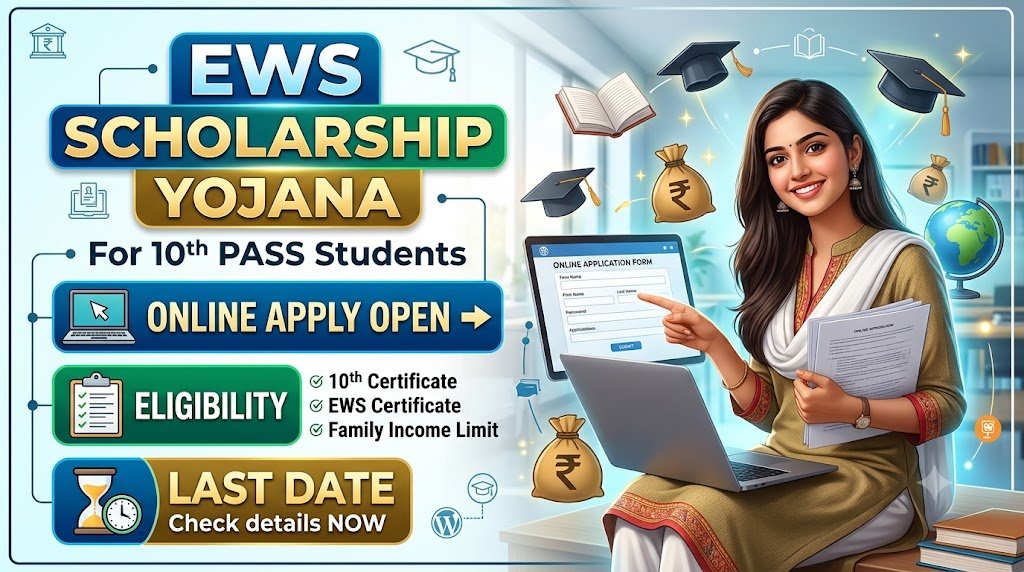 EWS Scholarship Yojana 2026 :- यदि आप 10वीं पास हैं और Economically Weaker Section (EWS) से संबंधित हैं, तो EWS Scholarship Yojana 2026 आपके लिए उपयोगी योजना हो सकती है। इस योजना का उद्देश्य आर्थिक रूप से कमजोर विद्यार्थियों को आगे की पढ़ाई जारी रखने के लिए वित्तीय सहायता उपलब्ध कराना है। यदि संबंधित वर्ष में इस योजना के लिए आवेदन शुरू होते हैं, तो योग्य छात्र ऑनलाइन आवेदन करके लाभ प्राप्त कर सकते हैं। आवेदन करने से पहले पात्रता, आवश्यक दस्तावेज और आधिकारिक दिशा-निर्देश अवश्य जांचें। कि इस योजना का लाभ लेने के लिए आप सभी को कुछ महत्वपूर्ण बातों का ध्यान रखना होगा जो हम हमने आप सभी को इस आर्टिकल के माध्यम से स्टेप बाय स्टेप नीचे बताइए जिसको आप सभी को पढ़ना होगा ताकि आप सभी अपना EWS Scholarship Yojana में आवेदन कर सकें. EWS Scholarship Yojana 2026 Overview विवरण जानकारी योजना का नाम EWS Scholarship Yojana 2026 लाभार्थी आर्थिक रूप से कमजोर वर्ग (EWS) के छात्र आवेदन प्रक्रिया Online योग्यता 10वीं पास (योजना अनुसार) लाभ छात्रवृत्ति (Official Notification के अनुसार) श्रेणी Scholarship आधिकारिक वेबसाइट scholarships.gov.in EWS Scholarship Yojana 2026 का उद्देश्य EWS Scholarship Yojana 2026 का मुख्य उद्देश्य आर्थिक रूप से कमजोर वर्ग के विद्यार्थियों को शिक्षा जारी रखने में सहायता देना है। इससे छात्र अपनी पढ़ाई, किताबें, स्टेशनरी तथा अन्य शैक्षणिक आवश्यकताओं का खर्च पूरा कर सकते हैं। EWS Scholarship Eligibility 2026 इस योजना में आवेदन करने के लिए उम्मीदवारों को निम्न पात्रताओं को पूरा करना होगा। भारतीय नागरिक होना चाहिए। EWS Category से संबंधित होना चाहिए। 10वीं पास होना चाहिए। परिवार की वार्षिक आय निर्धारित सीमा के भीतर हो। अन्य पात्रता Official Notification के अनुसार होगी। Required Documents for EWS Scholarship 2026 आवेदन करते समय निम्न दस्तावेजों की आवश्यकता पड़ सकती है। आधार कार्ड EWS Certificate आय प्रमाण पत्र 10वीं की मार्कशीट बैंक पासबुक पासपोर्ट साइज फोटो मोबाइल नंबर ईमेल आईडी EWS Scholarship Online Apply 2026 ऑनलाइन आवेदन करने के लिए नीचे दिए गए स्टेप्स को फॉलो करें। Step 1 Official Scholarship Portal पर जाएं। Step 2 New Registration करें। Step 3 User ID एवं Password से Login करें। Step 4 EWS Scholarship Yojana 2026 Application Form भरें। Step 5 सभी आवश्यक दस्तावेज Upload करें। Step 6 Form Submit करें। Step 7 Application Status ऑनलाइन चेक करें। EWS Scholarship Benefits आर्थिक सहायता पढ़ाई जारी रखने में मदद उच्च शिक्षा के लिए प्रोत्साहन शिक्षा का बोझ कम होता है EWS Scholarship Application Status Application Submit करने के बाद Official Portal पर जाकर Registration Number की सहायता से अपना Application Status ऑनलाइन चेक कर सकते हैं। महत्वपूर्ण बातें आवेदन केवल Official Portal से करें। सभी दस्तावेज सही अपलोड करें। अंतिम तिथि से पहले आवेदन करें। गलत जानकारी देने पर आवेदन रद्द हो सकता है। निष्कर्ष EWS Scholarship Yojana 2026 आर्थिक रूप से कमजोर विद्यार्थियों के लिए एक महत्वपूर्ण अवसर हो सकता है। यदि आप पात्र हैं, तो Official Notification जारी होने के बाद समय पर आवेदन करें और सभी आवश्यक दस्तावेज पहले से तैयार रखें। FAQ Q1. EWS Scholarship Yojana 2026 क्या है? यह आर्थिक रूप से कमजोर वर्ग (EWS) के विद्यार्थियों के लिए छात्रवृत्ति योजना है, जिसका उद्देश्य शिक्षा में आर्थिक सहायता प्रदान करना है। Q2. EWS Scholarship Yojana 2026 के लिए कौन आवेदन कर सकता है? वे छात्र जो EWS Category से हैं तथा योजना की पात्रता पूरी करते हैं। Q3. EWS Scholarship Online Apply कैसे करें? Official Scholarship Portal पर Registration करके ऑनलाइन आवेदन किया जा सकता है। Q4. EWS Scholarship के लिए कौन-कौन से दस्तावेज चाहिए? आधार कार्ड, EWS Certificate, आय प्रमाण पत्र, बैंक पासबुक, 10वीं की मार्कशीट, फोटो आदि। Q5. EWS Scholarship Last Date 2026 क्या है? अंतिम तिथि Official Notification जारी होने के बाद घोषित की जाएगी। Q6. EWS Scholarship का पैसा कब मिलेगा? आवेदन सत्यापन और स्वीकृति के बाद पात्र विद्यार्थियों के बैंक खाते में छात्रवृत्ति राशि भेजी जाती है। Q7. क्या EWS Scholarship सभी राज्यों के लिए उपलब्ध है? यह संबंधित योजना और उसके नियमों पर निर्भर करता है। आवेदन से पहले आधिकारिक अधिसूचना अवश्य देखें। Q8. EWS Scholarship Status कैसे चेक करें? EWS Scholarship Yojana 2026